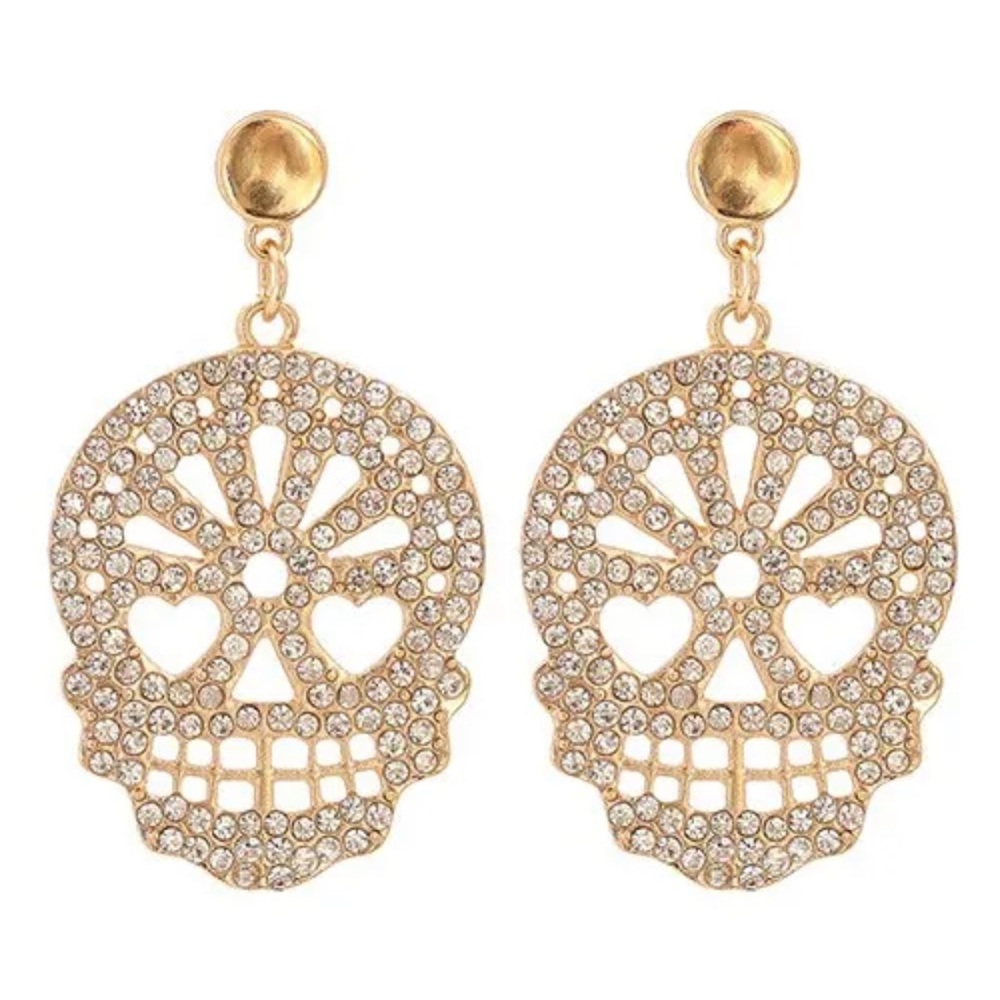 Sugar skull gold and clear earrings with rhinestones/ Halloween Earrings